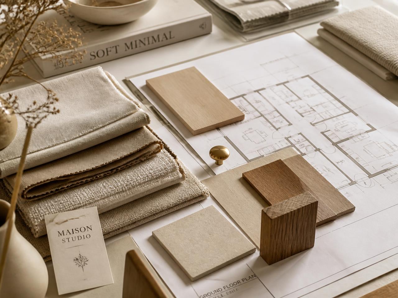 Material samples, wood swatches and floor plans on a studio worktable